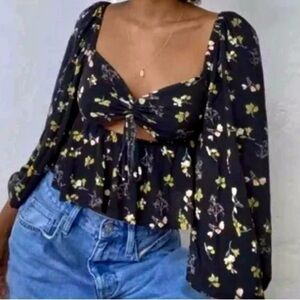 Urban Outfitters Black and Yellow Tie Front Blouse
